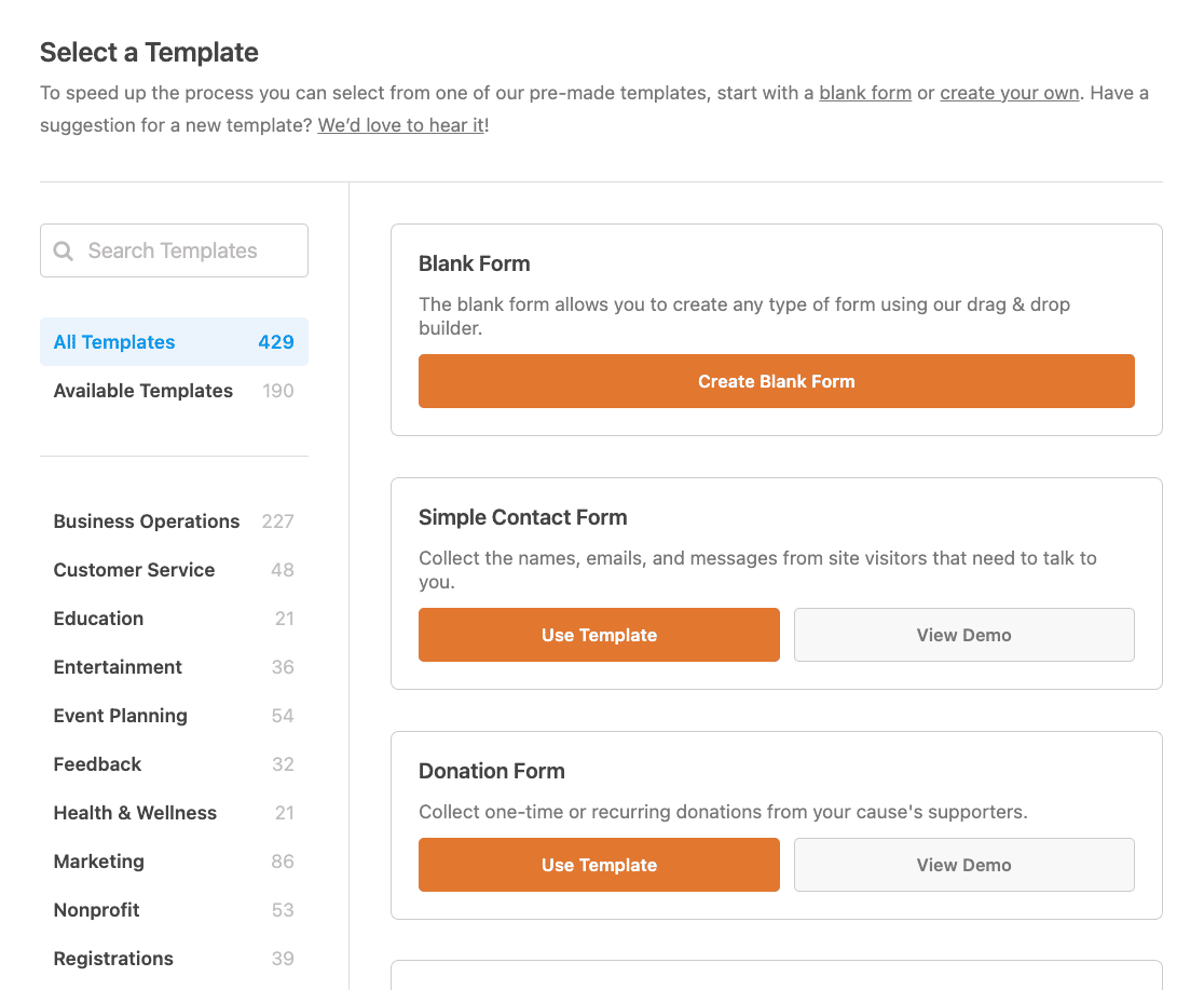 select wpforms waitlist template